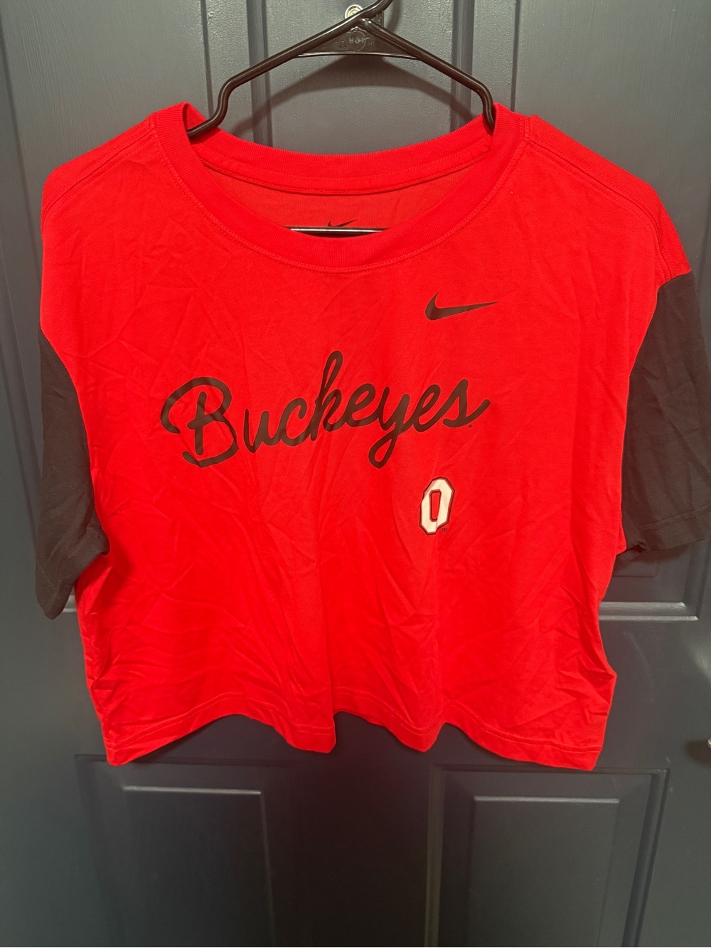Nike Buckeyes Red Crop Dry Fit Tee with Black Sleeves